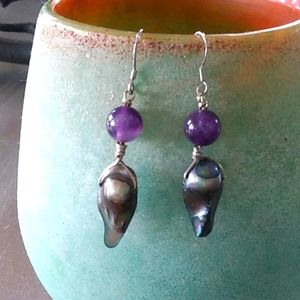 NWT HANDCRAFTED AMETHYST/PEARL/STERLING EARRINGS